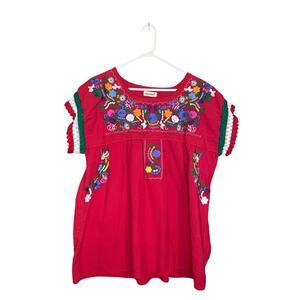 XZYDORWJ Mexican Huipil Embroidered Red Floral Shirt 3x Boho 100% Cotton Plus